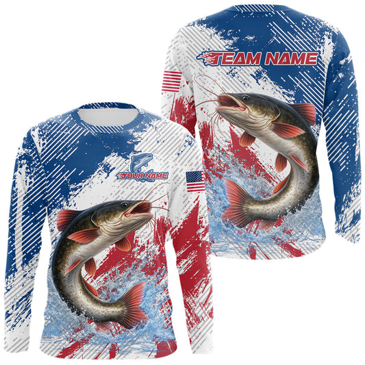 Maxcorners Custom Patriotic American Flag Catfish Fishing Shirts Long Sleeve, Fishing Tournament Jerseys LM1903