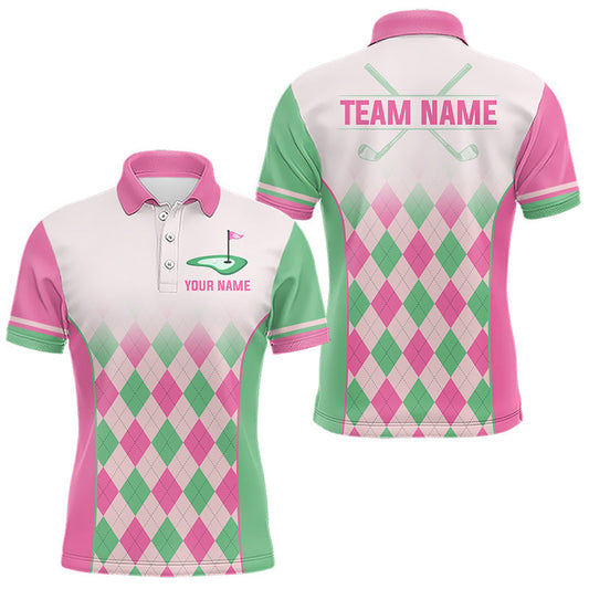 Maxcorners Argyle Pattern Golf Polo Shirts For Mens Custom Name, Golf Pattern Pink Green Shirt Gifts LM1705
