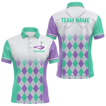 Maxcorners Argyle Pattern Golf Polo Shirts For Mens Custom Name, Golf Pattern Turquoise Purple Shirt Gifts LM1705