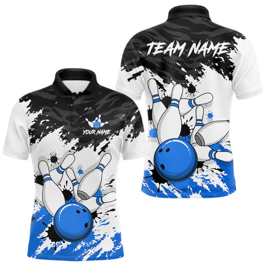 Maxcorners Bowling Shirt Custom Name Blue Black White Bowling Ball Personalized Team Jersey Gift For Men