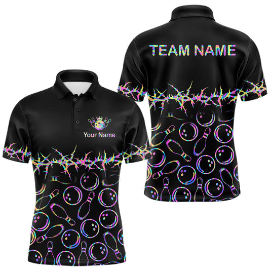 Maxcorners Personalized Bowling Shirt Black Neon Bowling Ball Custom Team Polo For Men