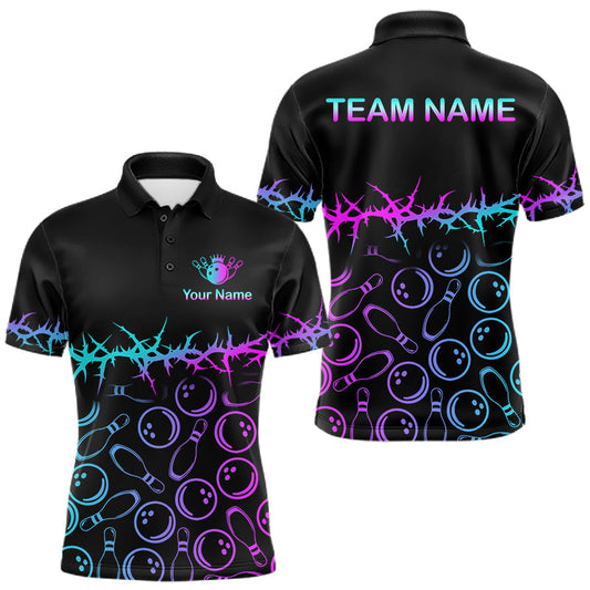 Maxcorners Personalized Bowling Shirt Black Cyan Purple Bowling Ball Team Polo For Men