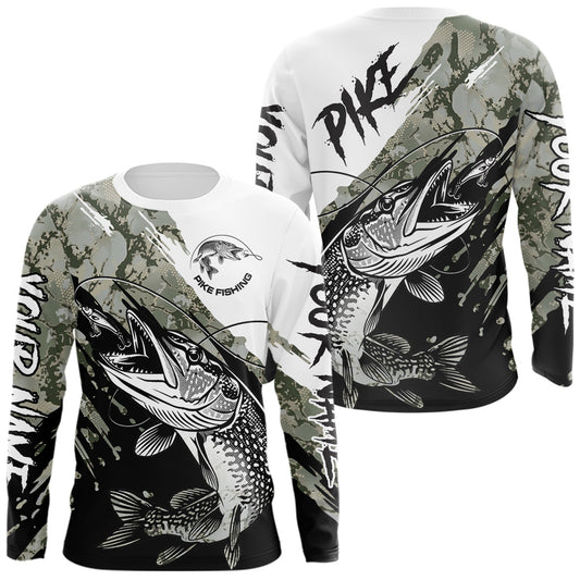 Maxcorners Personalized Gray Camo Northern Pike Fishing Jersey, Team Pike Fishing Long Sleeve Tournament Shirt LM2704