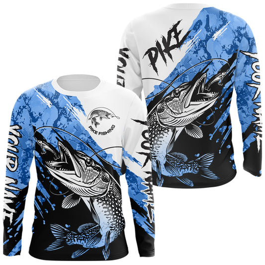 Maxcorners Personalized Blue Northern Pike Fishing Jersey, Team Pike Fishing Long Sleeve Tournament Shirt LM2704
