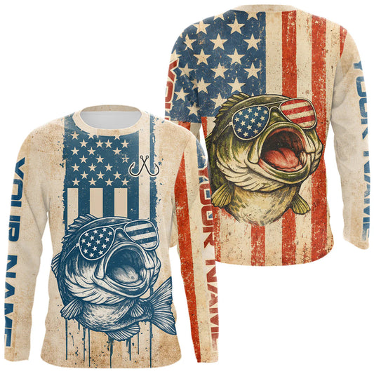 Maxcorners Custom Vintage Bass Funny Long Sleeve Fishing Shirt For Men, Bass Patriotic Fishing Shirt LM1903