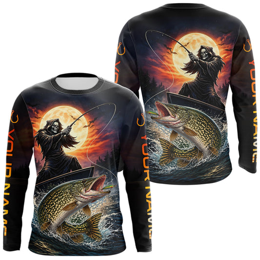 Maxcorners Personalized Fish Reaper Fishing Shirts Jerseys, Fish Reaper Sunset Pike Fishing Shirts Long Sleeve LM2704