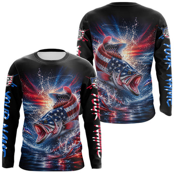 Maxcorners Patriotic Bass Fishing Long Sleeve Shirt - American Flag Design For Men LM2405