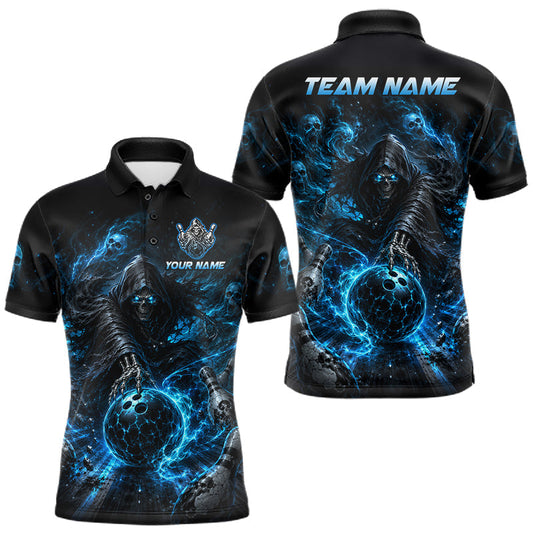 Maxcorners Custom Blue Fire Grim Reaper Bowling Jersey For Men Bowling Team Shirts Bowling League Polo & 1/4 Zip