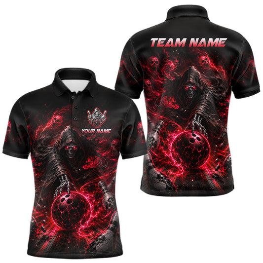 Maxcorners Custom Red Fire Grim Reaper Bowling Jersey For Men Bowling Team Shirts Bowling League Polo & 1/4 Zip