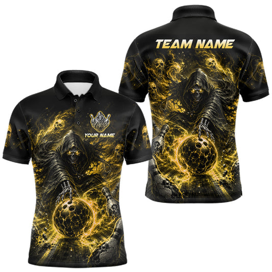 Maxcorners Custom Yellow Fire Grim Reaper Bowling Jersey For Men Bowling Team Shirts Polo & 1/4 Zip