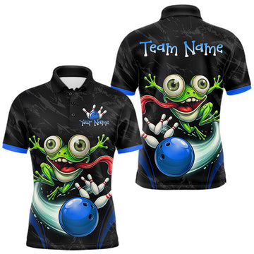 Maxcorners Funny Frog Bowling Polo Shirt 1/4 Zip Personalized Custom Name Blue Team Jersey For Men LM2607