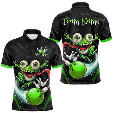 Maxcorners Funny Frog Bowling Polo Shirt 1/4 Zip Personalized Custom Name Green Bowling Ball Jersey For Men LM2607