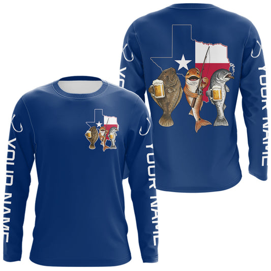 Maxcorners Texas Slam Funny Fishing Redfish, Trout, Flounder Fishing Shirts Long Sleeve For Men | Blue Navy LM2704