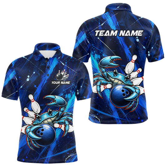 Maxcorners Personalized Blue Crab Bowling Shirt, Custom Royal Blue Splatter Jersey Polo & Quarter-Zip LM2806