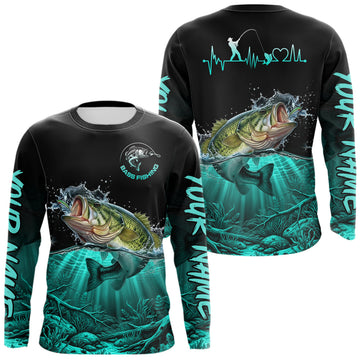 Maxcorners Largemouth Bass Fishing Shirt Long Sleeve For Tournament Angler Gift For Men Dad| Turquoise LM1005