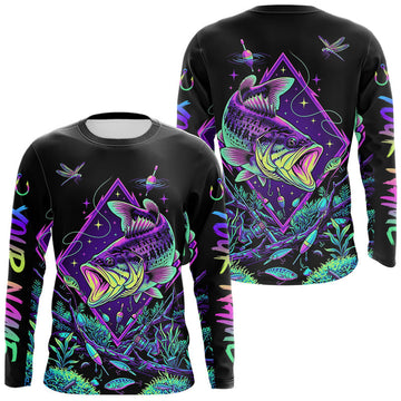 Maxcorners Neon Bass Fishing Shirts Long Sleeve Largemouth Bass Galaxy Glow Graphic Gift For Men Dad LM1005