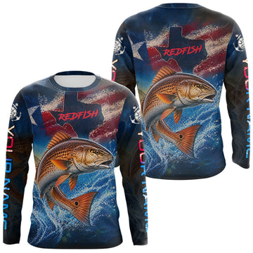 Maxcorners Texas Flag Redfish Long Sleeve Fishing Jersey, Red Drum Saltwater Performance UV Shirt For Men LM0607
