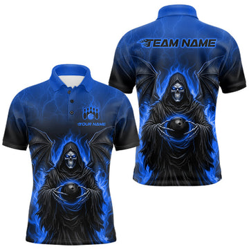 Maxcorners Personalized Grim Reaper Men Bowling Polo Shirt, Custom Team Name 1/4 Zip Bowling Jersey|Blue LM0208