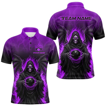 Maxcorners Personalized Grim Reaper Men Bowling Polo Shirt, Custom Team Name 1/4 Zip Bowling Jersey|Purple LM0208