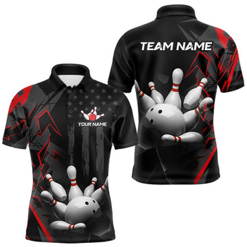 Maxcorners Custom Bowling Team Men Polo Shirt Quarter Zip 1/4 Personalized Name Performance Bowling Jersey|Red LM0208