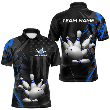 Maxcorners Custom Bowling Team Men Polo Shirt Quarter Zip 1/4 Personalized Name Performance Bowling Jersey|Blue LM0208