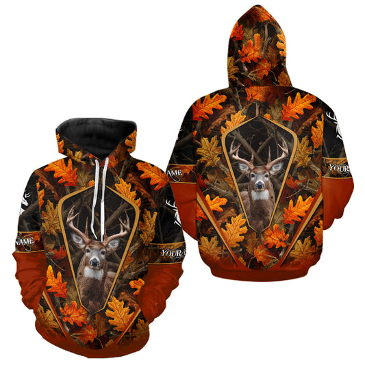 Maxcorners Personalized Whitetail Deer Hunting 3D All Over Printed Hoodie Orange Autumn Leaves Camo LM2608
