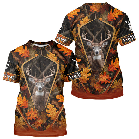 Maxcorners Personalized Whitetail Deer Hunting 3D All Over Printed Hoodie Orange Autumn Leaves Camo LM2608