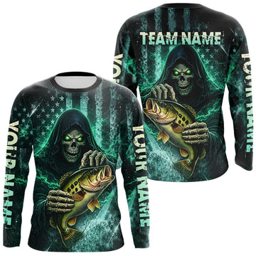 Maxcorners Custom Team Name Grim Reaper Bass Fishing With American Flag - Patriotic Bass Fishing Jersey LM0503