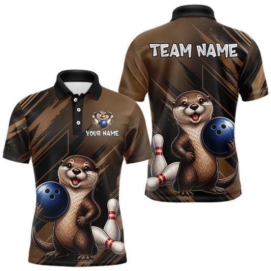 Maxcorners Men's Custom Otter Bowling Polo Shirt & 1/4 Zip Pullover Personalized Team Jersey With Name Gift LM0607