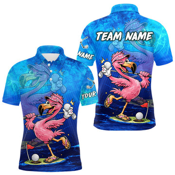 Maxcorners Personalized Flamingo Mens Golf Polo Shirt Custom Name And Team Royal Blue Funny Ocean Tropical Golf Outfit LM1307