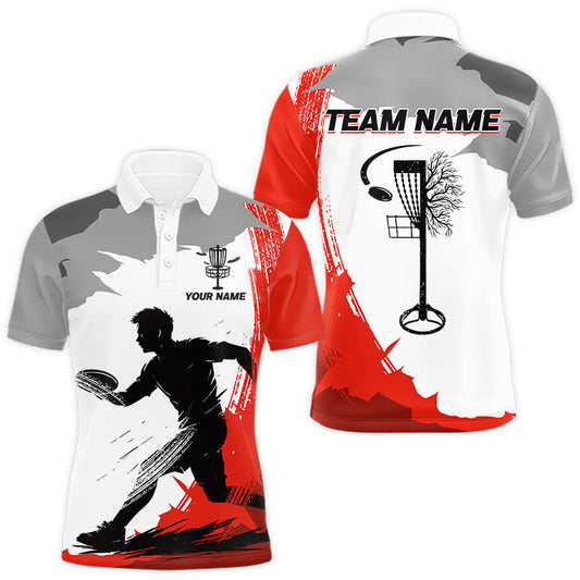 Maxcorners Mens Disc Golf Polo Shirt Custom Name White And Red Disc Golf Basket Golf Shirts Personalized LM0901