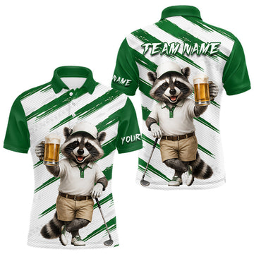 Maxcorners Custom Funny Beer Raccoon Golf Jersey For Mens, Mens Golf Polo Shirt Black Beige Golf Jersey LM1705