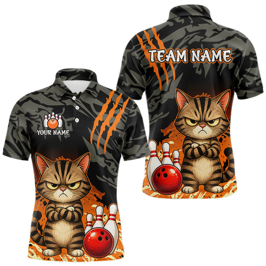 Maxcorners Funny Cat Bowling Shirt Custom Name Black Camo Orange Personalized Team Jersey For Men