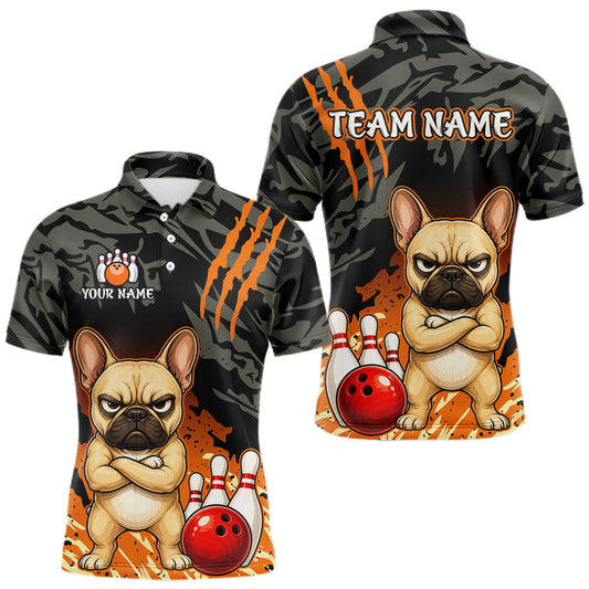 Maxcorners Funny French Bulldog Bowling Shirt Custom Name Black Camo Orange Personalized Team Jersey For Men
