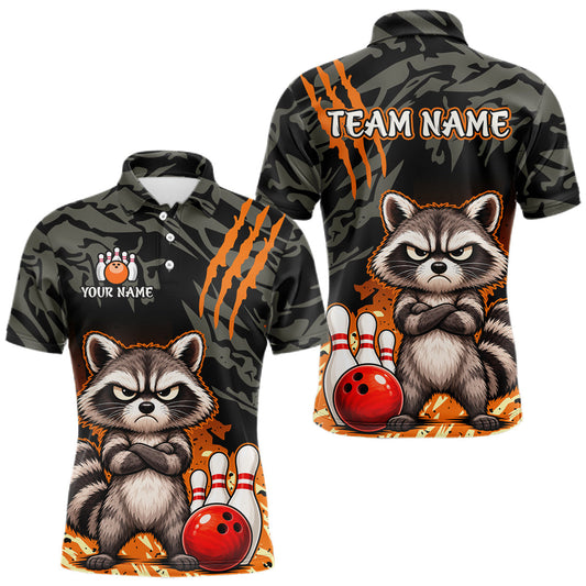 Maxcorners Funny Raccoon Bowling Shirt Custom Name Black Camo Orange Personalized Team Jersey For Men