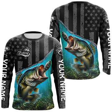 Maxcorners Gray Blue Bass Custom Long Sleeve Fishing Shirt, American Flag Patriotic Bass Fishing Jerseys LM2405