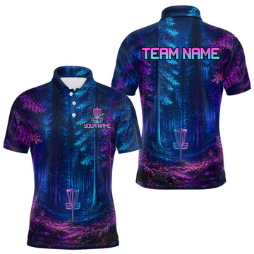 Maxcorners Mens Disc Golf Polo Shirt Custom Forest Neon Disc Golf Basket, Personalized Disc Golf Shirts LM2704