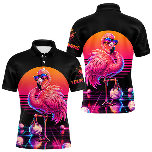 Maxcorners Personalized Funny Flamingo Mens Golf Polo Shirt - Vintage Neon Golf Design LM2405