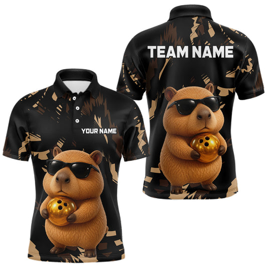 Maxcorners Funny Capybara Bowling Custom Polo Shirt, Quarter Zip Jersey, Personalized Team Name LM2806