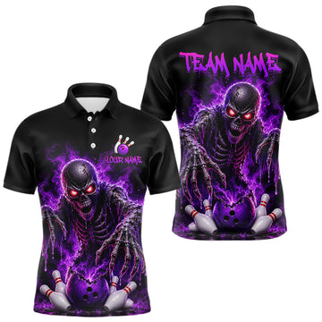 Maxcorners Personalized Men Bowling Jersey Custom Name Team Name Purple Skeleton Bowling Polo Shirt Tournament Gift LM0208