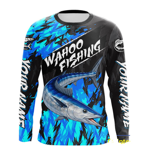 Maxcorners Personalized Wahoo Blue Long Sleeve Performance Fishing Shirts, Fishing Shirt For Men  LM0402