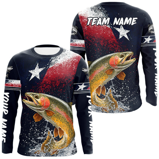 Maxcorners Custom Vintage Rainbow Trout Long Sleeve Patriotic Fishing Shirt For Men, Trout Texas Flag Fishing Shirt LM1904