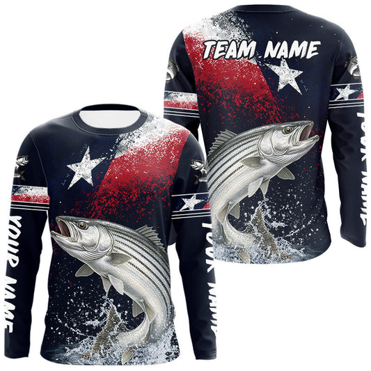 Maxcorners Custom Vintage Striped Bass Long Sleeve Patriotic Fishing Shirt For Men, Bass Texas Flag Fishing Shirt LM1904