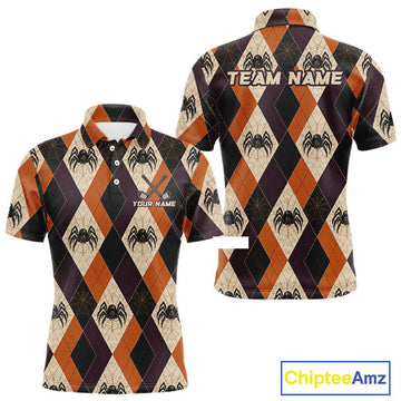Maxcorners Personalized Halloween Spider Argyle Golf Polo Shirt for Men, Custom Team Jersey