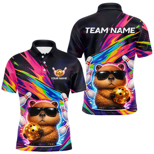 Maxcorners Funny Capybara Bowling Team Polo Shirt, 1/4 Zip For Men Custom Name Neon Color Bowling Jersey LM2806