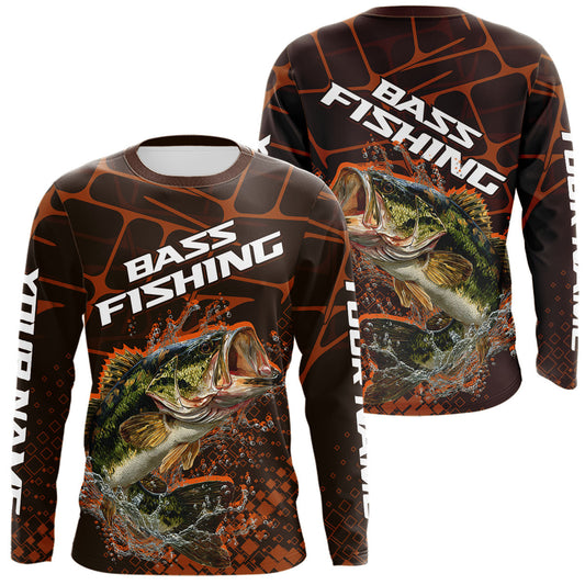 Maxcorners Largemouth Bass Fishing, Fishing Shirt Scale Custom Name Long Sleeves, Fishing Gift | Orange LM0201