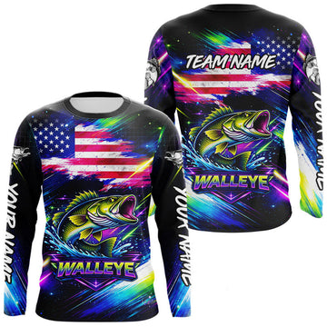 Maxcorners Personalized Walleye Fishing Jerseys, Custom American Flag Fishing Shirts Long Sleeve For Men LM2603
