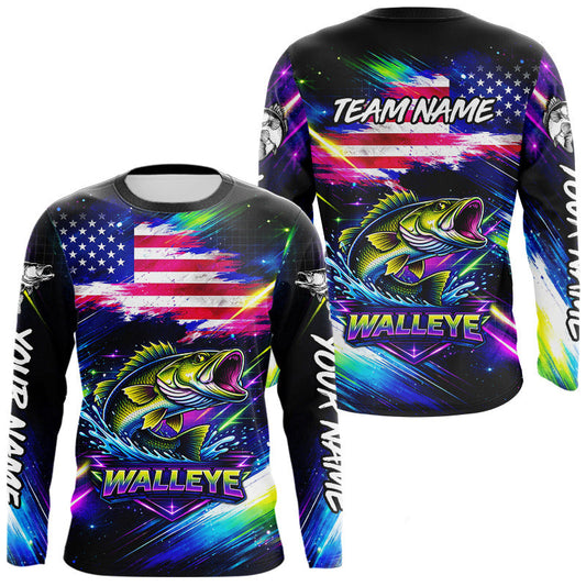 Maxcorners Personalized Walleye Fishing Jerseys, Custom American Flag Fishing Shirts Long Sleeve For Men LM2603