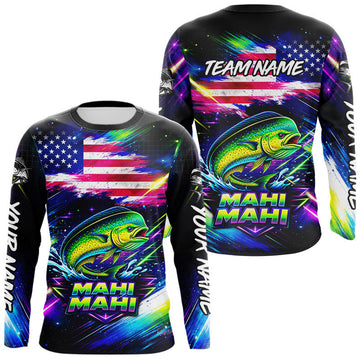 Maxcorners Personalized Mahi Mahi Fishing Jerseys, Custom American Flag Fishing Shirts Long Sleeve For Men LM2603