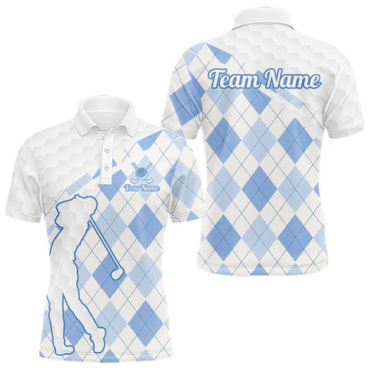 Maxcorners Personalized Blue White Argyle Plaid Pattern Mens Golf Polo Shirts, Blue Golf Tops For Mens LM0404
